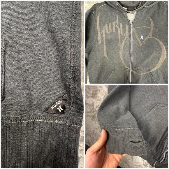 Distressed Vintage Y2K Hurley Big Logo Grey/White Stitching Full-zip Hoodie L - Picture 7 of 7